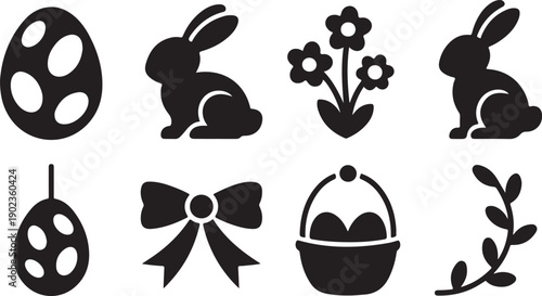 A collection of eight black silhouettes representing common Easter and spring holiday symbols