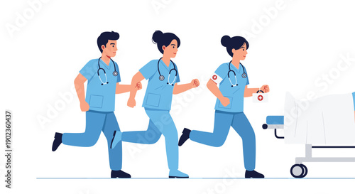 Group of Nurses in Blue Scrubs Running Towards Emergency with Hospital Bed