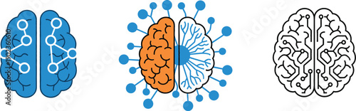 Vector illustration set of stylized human brains featuring neural network connections and a dual-hemisphere logical versus creative concep