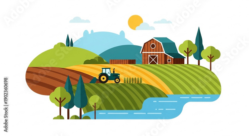 Rustic Farm Vista: A scenic view captures the essence of rural life, featuring a charming barn, rolling fields, a trusty tractor, and verdant landscapes under a radiant sun. 
