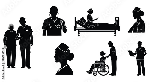 Medical professionals caring for patients in various healthcare settings
