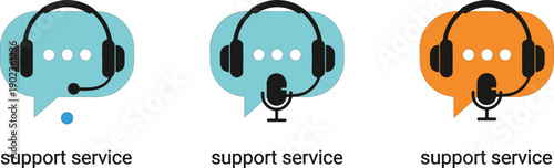 Vector illustration set of support service icons featuring headsets inside speech bubbles with microphone symbols