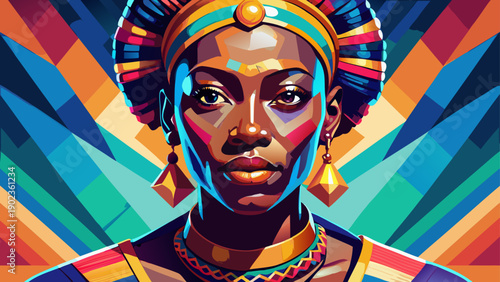Very beautiful close-up portrait of a woman in colorful traditional African attire, set against a vibrant painted background expressing cultural heritage, artistic identity, and modern African eleganc