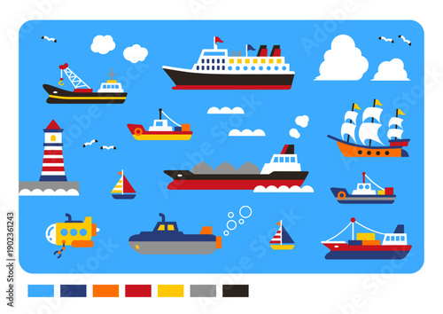 Cute ships illustration set