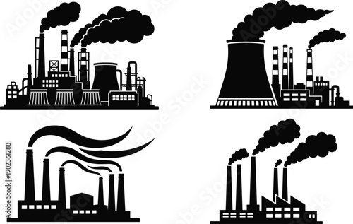 Collection of industrial factory silhouettes with smoke chimneys isolated on gray background, pollution energy production illustration set for design