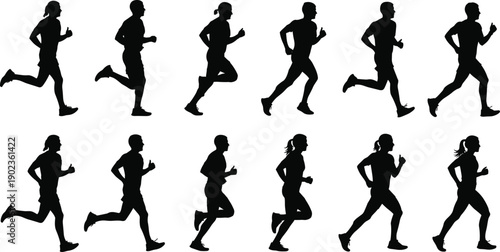 Collection of running men and women silhouettes isolated on gray background, fitness jogging athlete motion illustration set for sport design