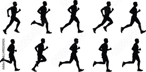 Collection of running male athlete silhouettes in jogging motion isolated on gray background, fitness sport training illustration set for design