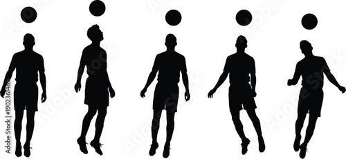 Collection of soccer player juggling ball silhouettes isolated on gray background, football freestyle sport action illustration set for design