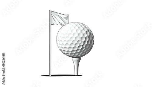 Graphic rendering featuring a pristine golf ball resting atop a tee, positioned alongside a flagpole with a waving white flag