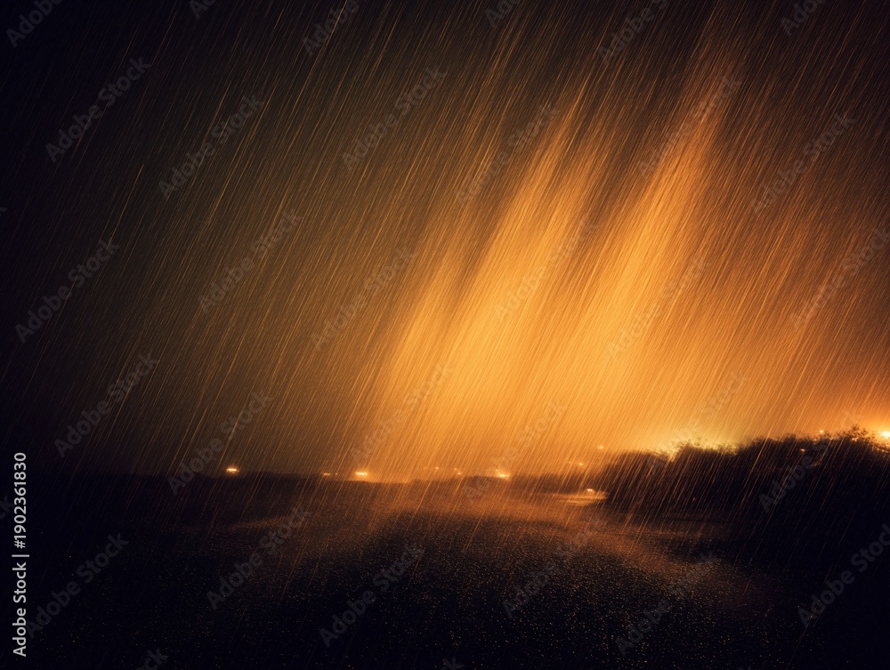 Naklejka premium Heavy rainstorm with illuminated streetlights creating a dramatic atmosphere over a dark road, blurred outlines of vegetation visible in the background