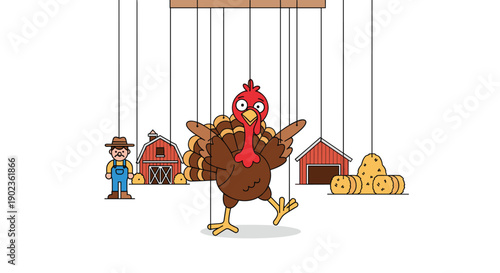 Turkey Puppet on Strings in Front of Farm Scene with Farmer and Barn Illustration