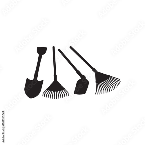 Set of garden tools shovel  rake  hoe and leaf rake silhouette vector on white background.