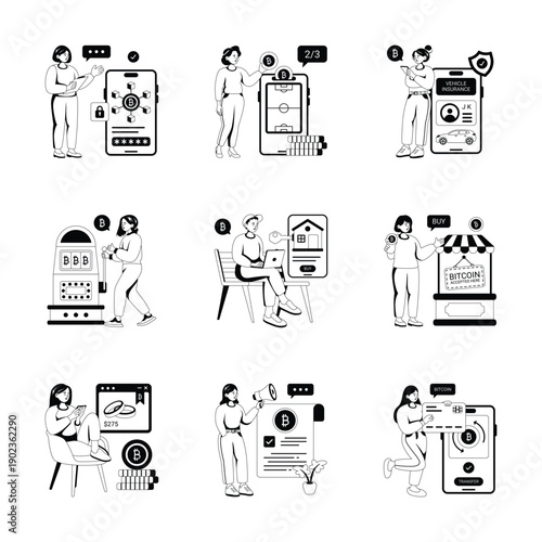 Digital currency financial technology concept with people interacting with mobile apps and screens.