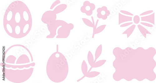 A collection of light pink Easter and spring themed silhouettes featuring eggs a bunny flowers and a basket