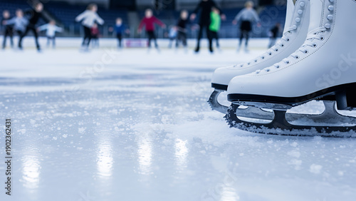 Ice skates on rink with people skating in the background  