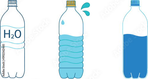 Vector illustration set of three plastic water bottles featuring a line art bottle labeled "H2O," a half-filled bottle with a yellow cap, and a solid blue-filled bottle 