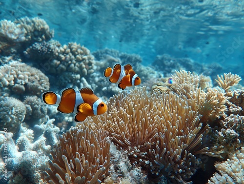 Two clownfish swim among vibrant coral reefs in a clear blue ocean, showcasing the rich marine biodiversity of a tropical underwater ecosystem
