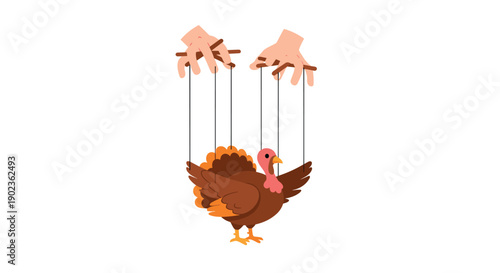 Two Hands Controlling a Turkey Marionette Puppet on Strings Isolated on White