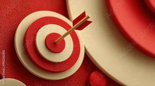 Flat minimalist vector artwork of an arrow lodged in the center of a red and white target, strong symbolism of goal achievement, smooth curves, balanced layout, crisp and modern icon design