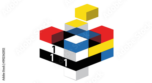 Abstract 3D Isometric Cube Structure Logo. Colorful Building Blocks Design with Number 1 Graphic for Data, Technology, and Teamwork Concepts.