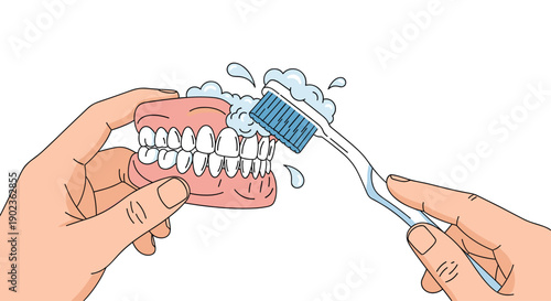Two Hands Brushing Dentures with Toothbrush and Foam for Oral Hygiene Illustration