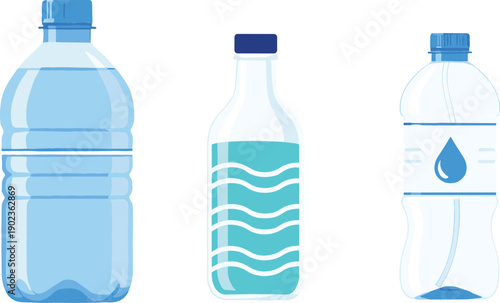 Vector illustration set of three plastic water bottles with blue caps and various label designs isolated on white