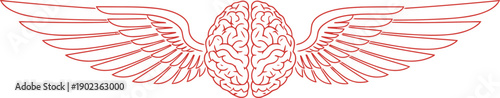 Red outline brain with wings symbol. Idea, intelligence, freedom and creative thinking concept. Vector illustration for logo, emblem or icon