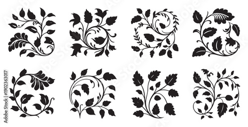 Black floral ornaments, botanical decorative elements, vintage scrollwork, vine illustrations