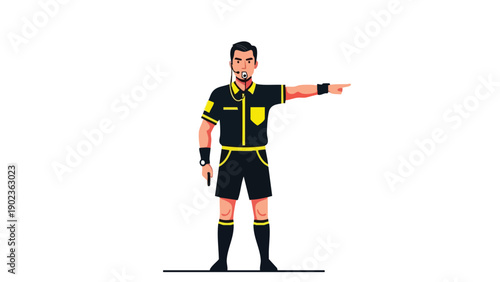 Illustration of a man wearing black and yellow sports referee outfit pointing to the side on a plain white background.
