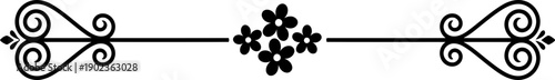 Decorative flower divider line in simple flat black white style for border, frame, wedding card, web, print design vector illustration