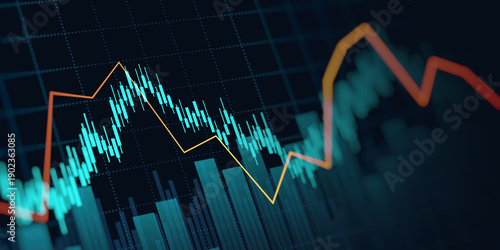 financial chart with uptrend line candlestick graph in stock market on blue color background