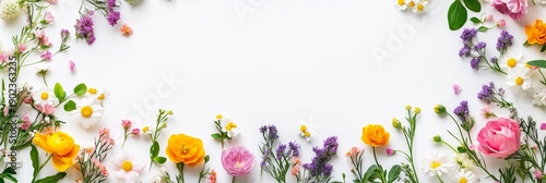 Various colorful spring flower buds blooming on a clean white background. Fresh floral frame with copy space. Nature and garden concept for invitation card.