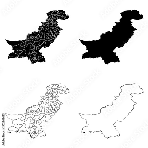 Pakistan with Administrative Divisions Outline and Solid Fill Map Set.