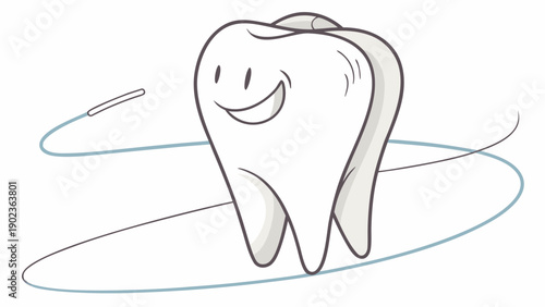Smiling cartoon tooth with dental floss for healthy oral care