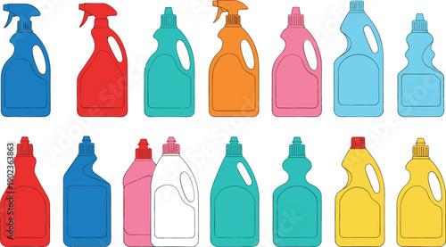 Vector illustration set of various plastic cleaning product bottles including spray bottles and detergent containers in multiple colors isolated on a white background 