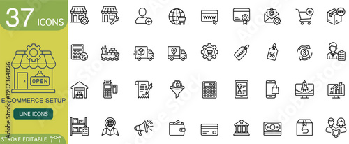 E commerce line icon set for online shopping and business. This vector outline symbol collection represents modern digital retail, offering clean and simple design for web and mobile