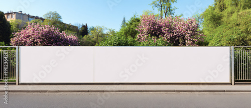 Long white vinyl banner on fence in urban park, Blank hoarding mockup, billboard, signage in city with green blossoming spring trees. Commercial advertisement, public information canvas. Mock up space