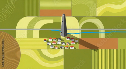 Pencil sketching miniature town with houses and buildings on green abstract background with geometric shapes and lines
