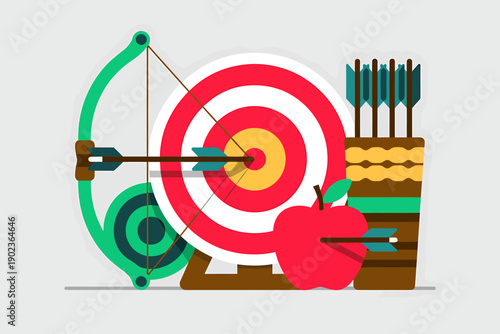 Archery target with bow and arrows and an apple  sport and precision