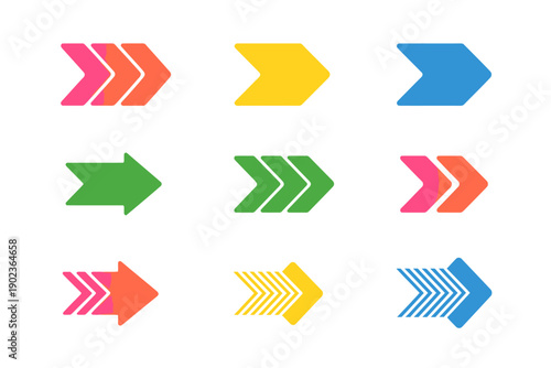 Collection of colorful arrow icons pointing to the right on white background