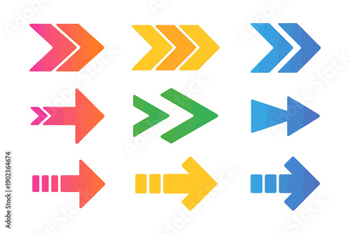 Colorful arrow icons in various shapes and directions on white background