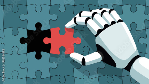 Robot hand placing red puzzle piece into blue puzzle background
