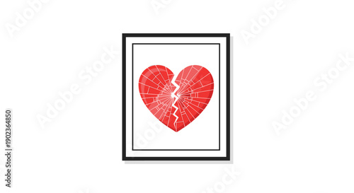 Black Picture Frame with Shattered Red Glass Heart Representing Pain and Loss