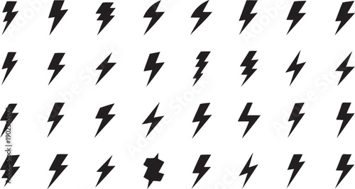 Lightning Bolt Thunder Icon Set Black Silhouette Vector