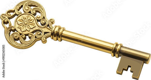 WebVintage Ornate Golden Skeleton Key with Intricate Floral Filigree Pattern Isolated on White Background Representing Security Success Achievement Privacy Mystery and Wealthy New Home Ownership