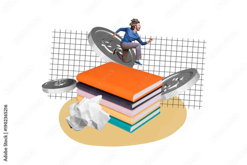 Naklejka premium Full trendy image art collage of excited guy run book stack dollar coin income business bonus encyclopedia bookworm hobby concept
