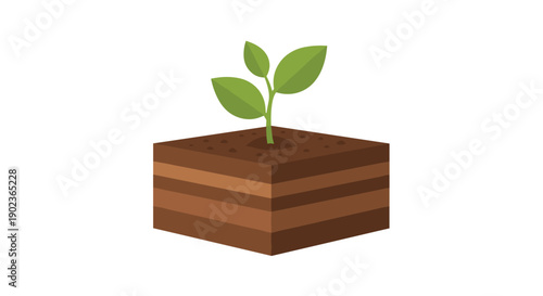 Small Green Plant Sprout Growing Out of Square Block of Soil Layers Illustration