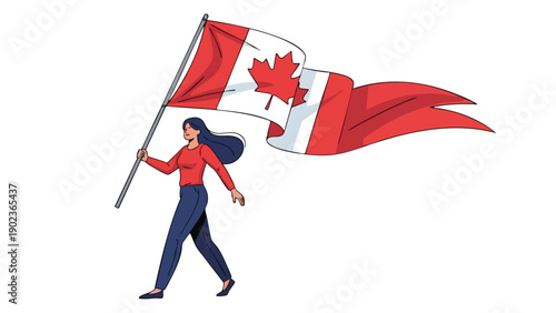 Illustration of a woman holding a waving Canadian flag on a white background, conveying a sense of patriotism and national pride.