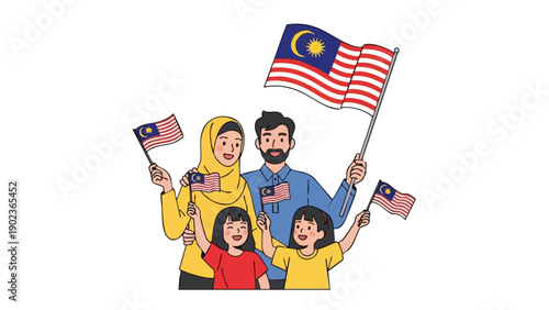 Illustration of a diverse family of four holding Malaysian flags on a white background with a patriotic theme.