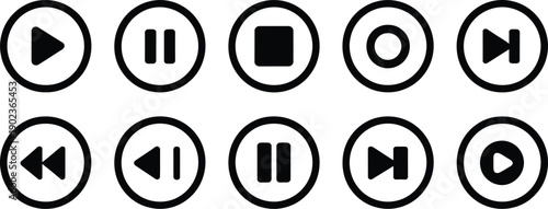 Minimal black circular media control symbols for digital audio video applications interface including play pause stop record forward rewind functionality